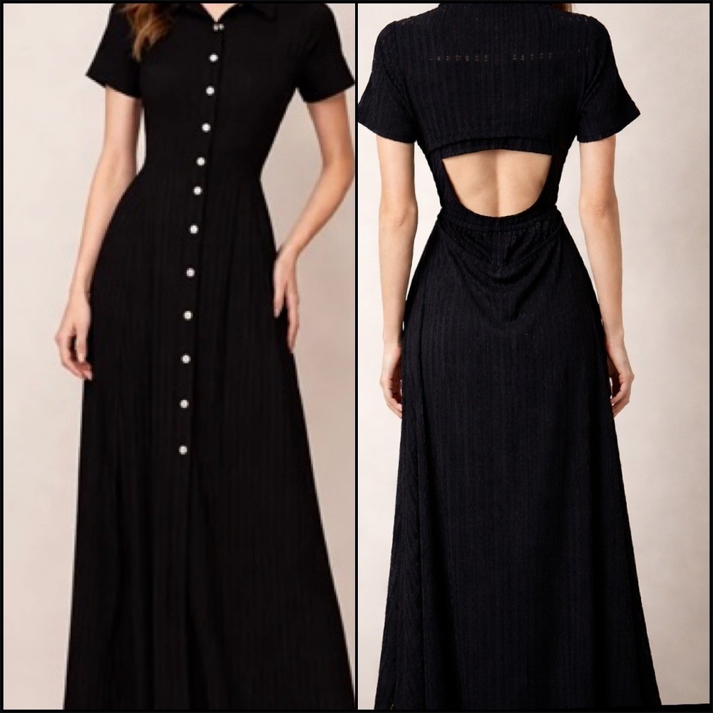 Black Textured Maxi Dress Cutout Back Silver Button Front Gothic Victorian Glam‎